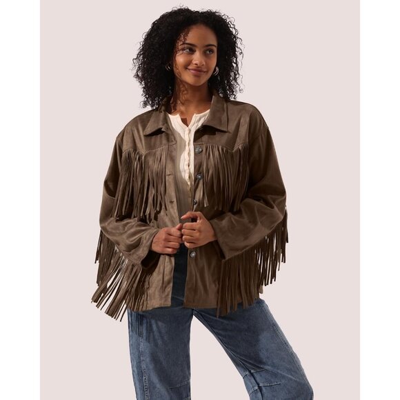 Women's Faux Suede Fringe Jacket Vintage Western Cowgirl Tassel Jackets Coffee - Picture 5 of 7